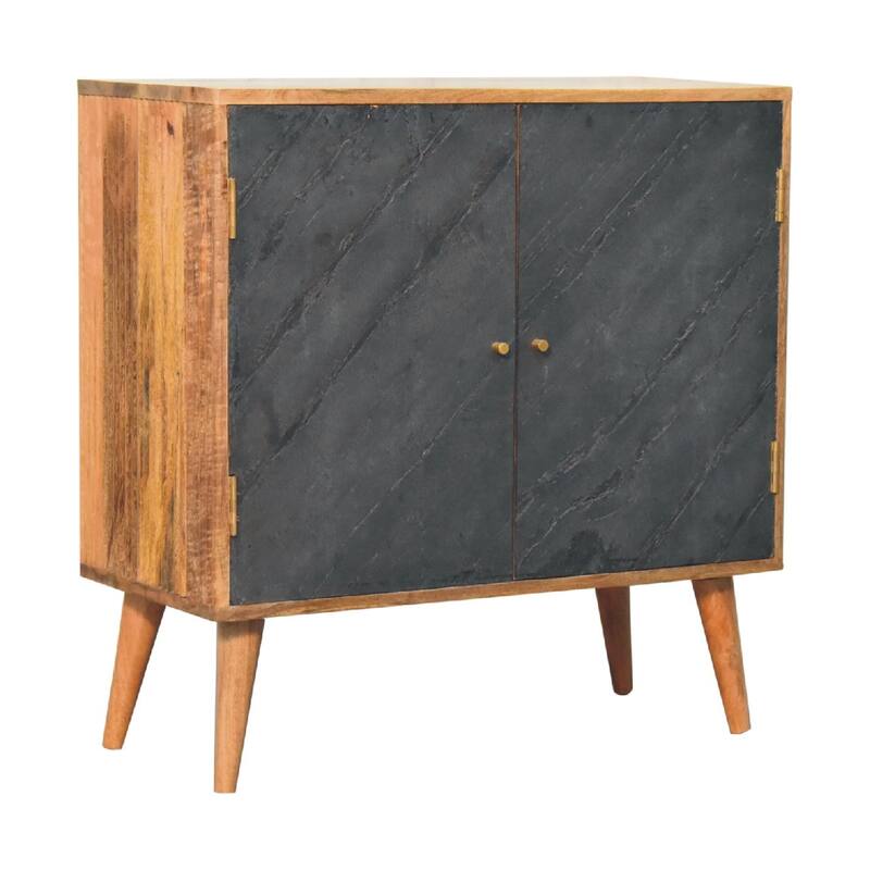 HomeRoots 30" Brown and Gray Solid Wood And Inlaid Slate Accent Cabinet With Two Doors