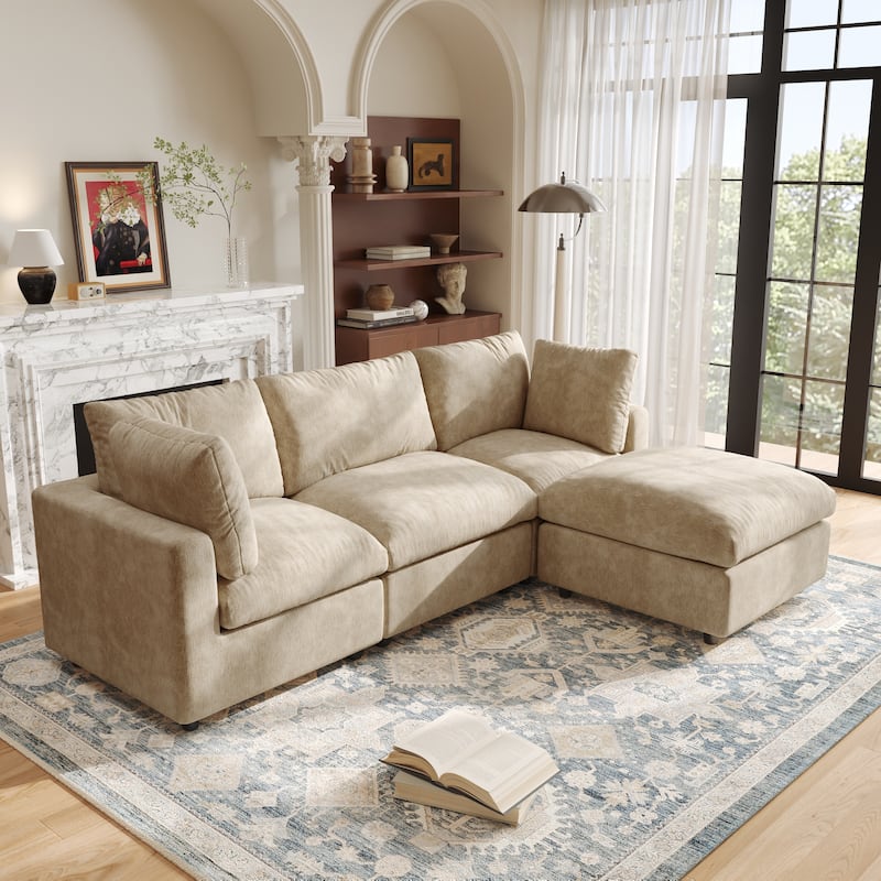 3 Seat Sectional Sofa Comfy Cloud Couch for Living Room Modern Sofa Sleeper Deep Couches with Ottoman - Khaki
