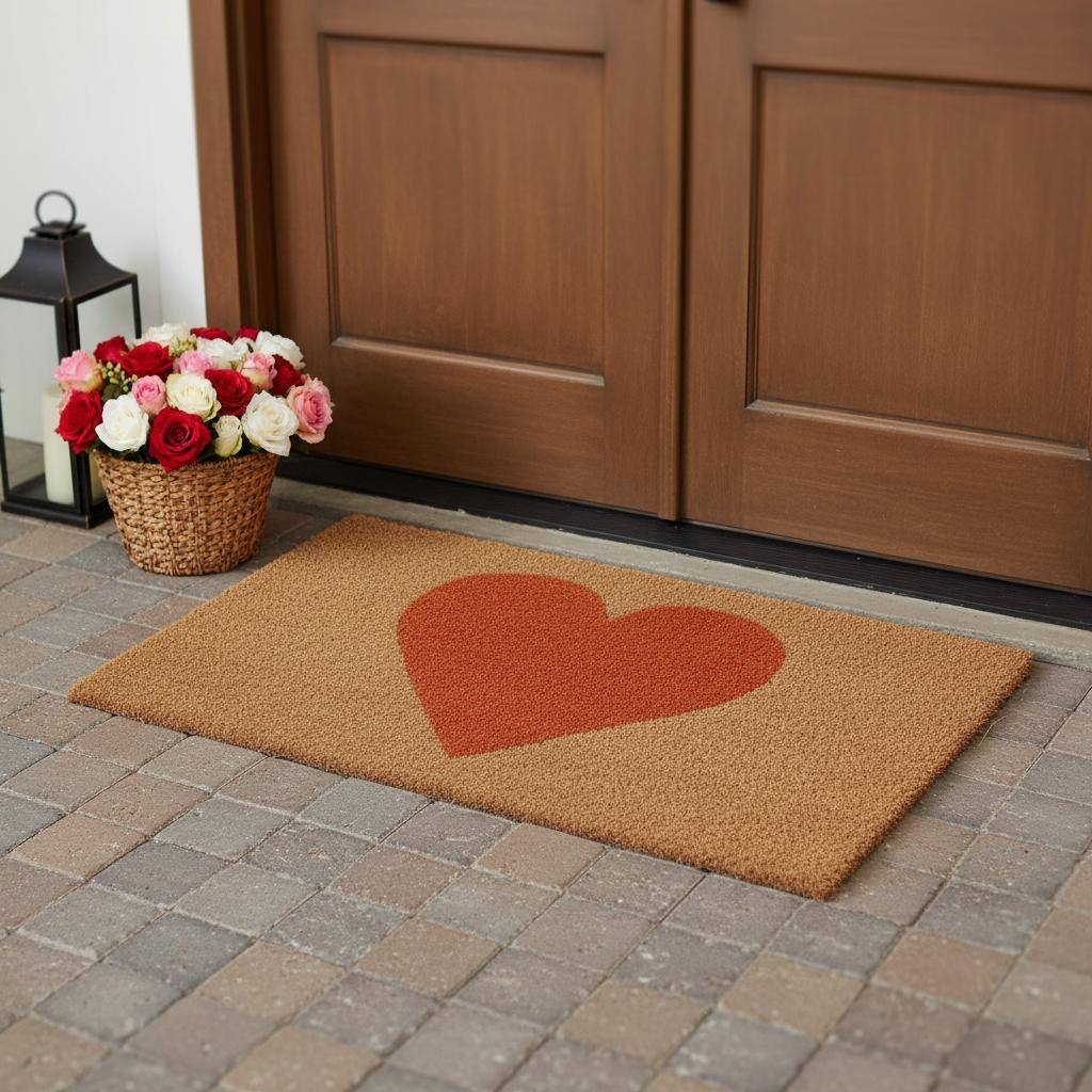 HomeRoots 36" X 72" Brown And Orange Heart Outdoor Coir Door Mat - 36.00' X '72.00