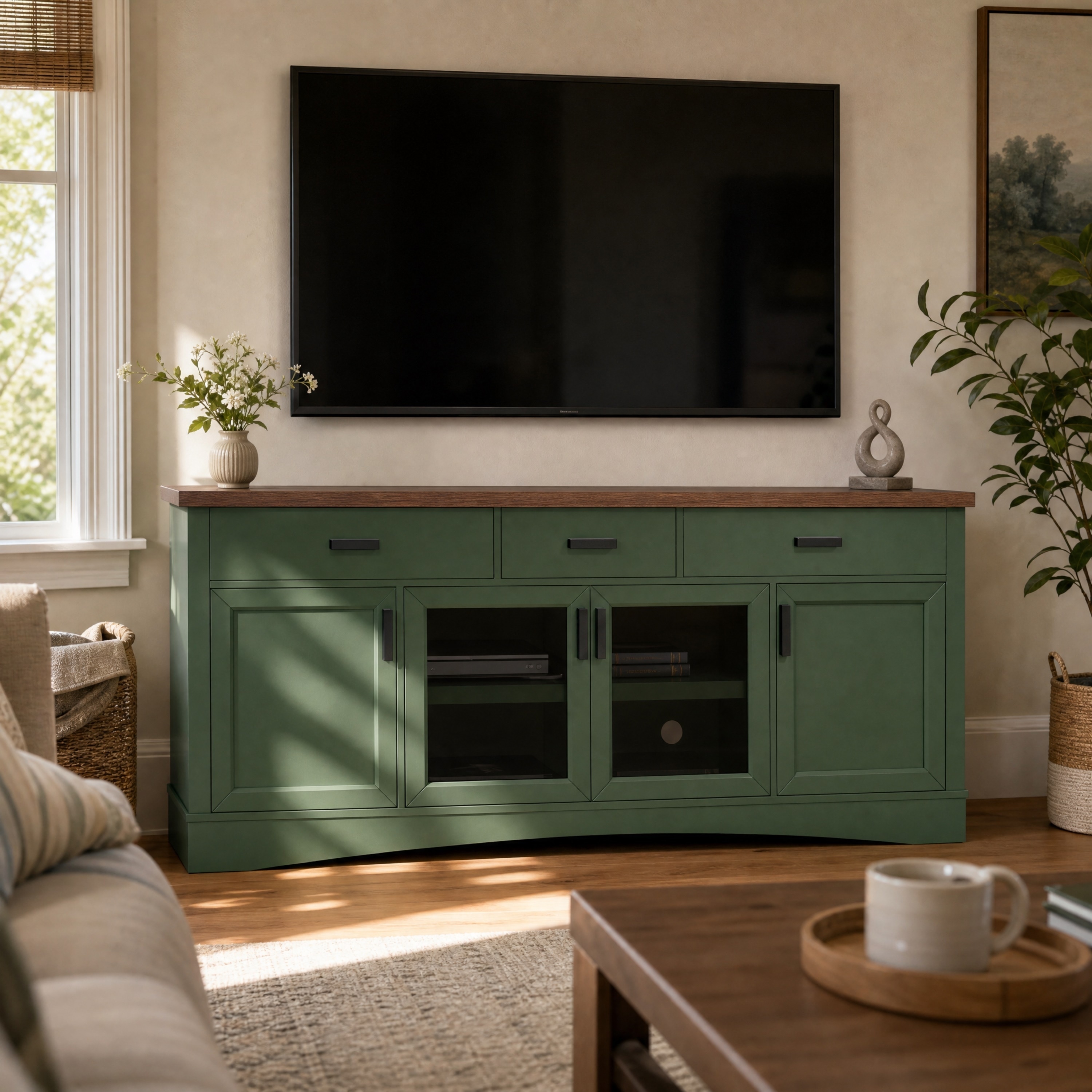 Christopher Knight Home - Moonridge Modern TV Stand with Glass Doors, Storage Drawers, and Adjustable Shelves - 67"