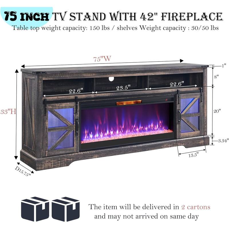 Farmhouse Fireplace TV Stand for 80" TV, Rustic Entertainment Center