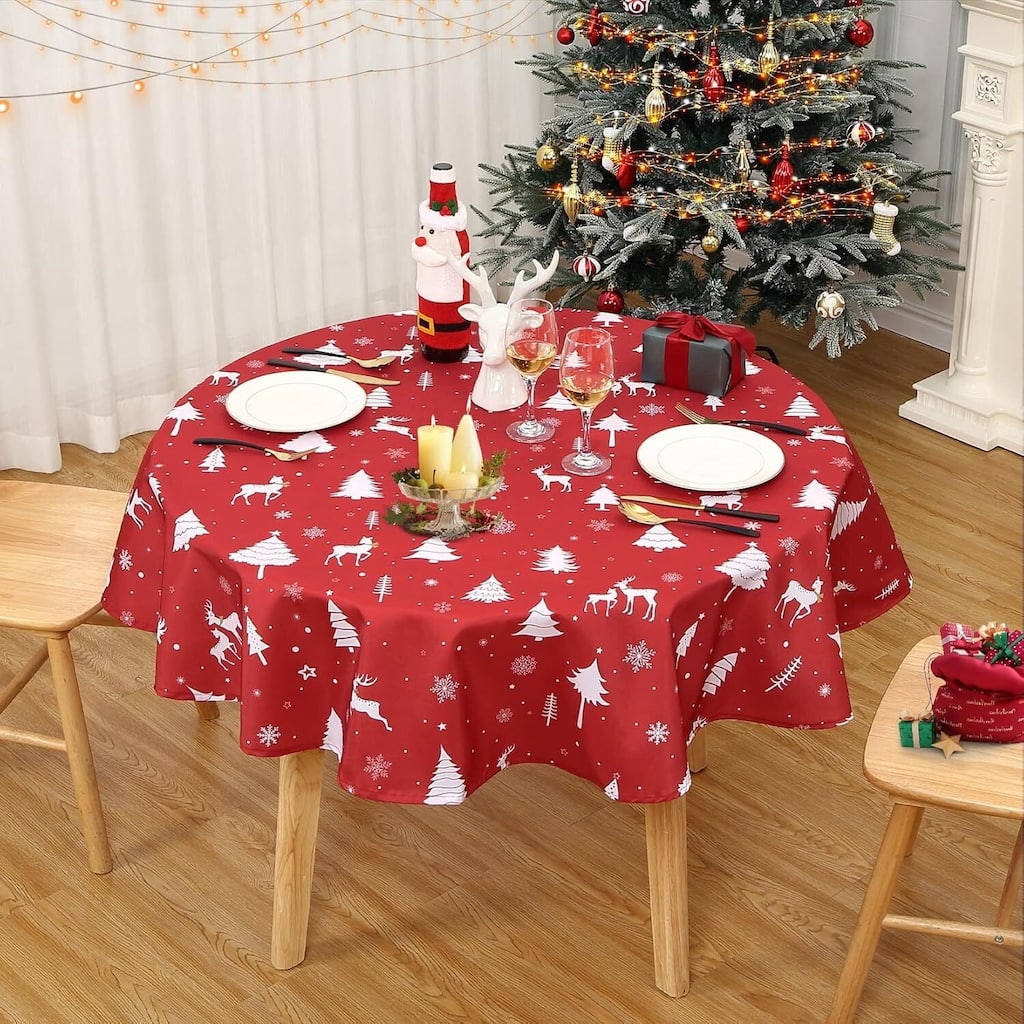 Christmas Round Tablecloth Waterproof Holiday Xmas Decor, Red