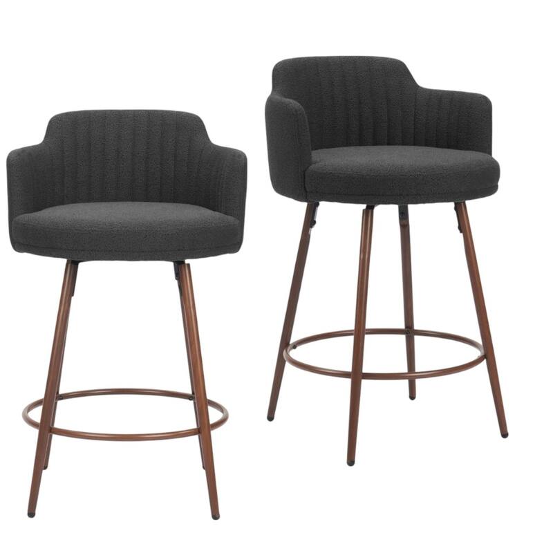 HomeRoots Set of Two 26" Black and Walnut Faux Shearling and Steel Counter Height Swivel Bar Chairs