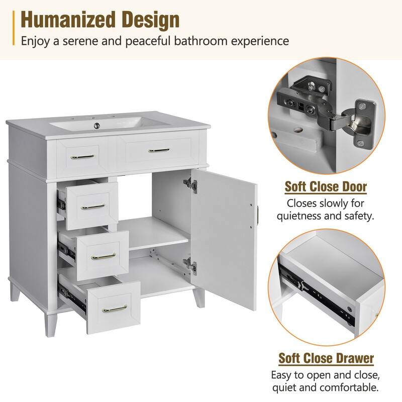 Modern Freestanding Bathroom Vanity with 30-Inch Ceramic Sink, Soft Close Storage Cabinet with 3 Drawers & Adjustable Shelf