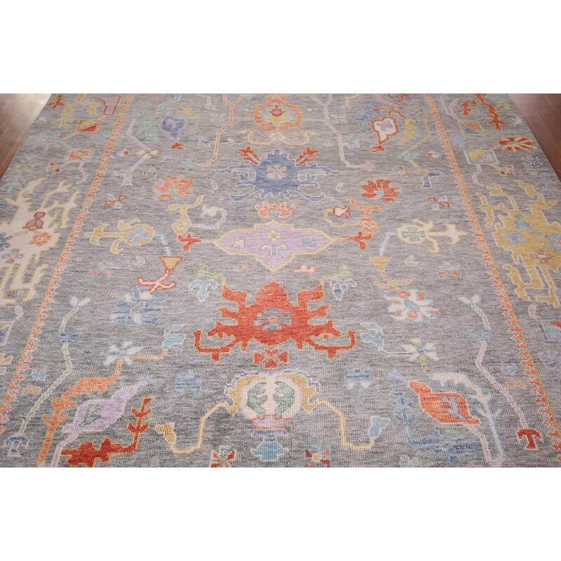 All-Over Gray Floral Oushak Indian Area Rug Hand-Knotted Wool Carpet - 7'10"x 9'8"