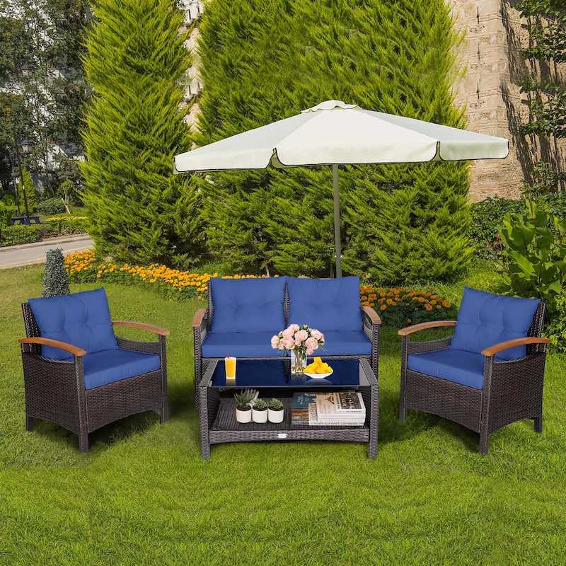 Costway 4PCS Patio Rattan Furniture Set Cushioned Sofa Storage Table