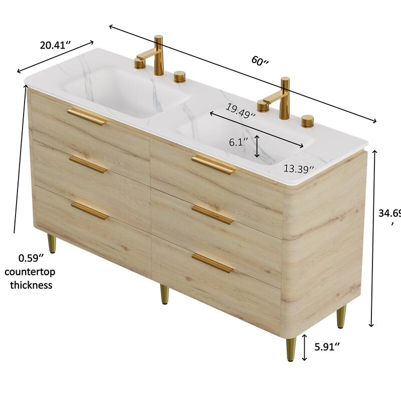 60'' Freestanding Bathroom Vanity with Double Sintered Stone Basins - 59.84'' x 20.47'' x 34.69''