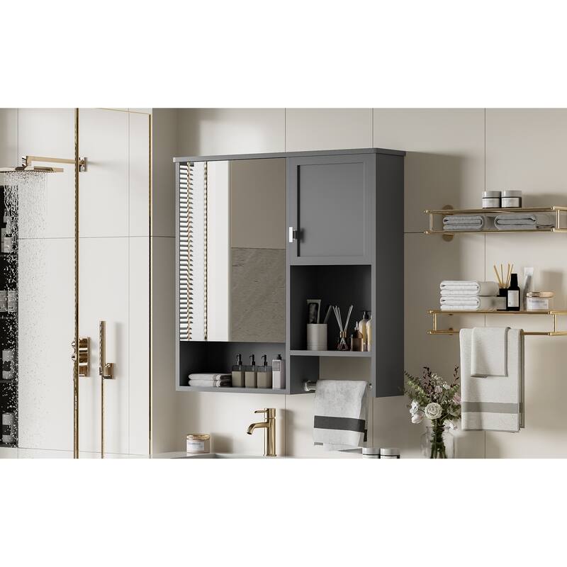Roomfitters 29x28 Inch Modern Wall Mounted Medicine Cabinet, Mirror Storage Organizer with Integrated Towel Bar, Gray