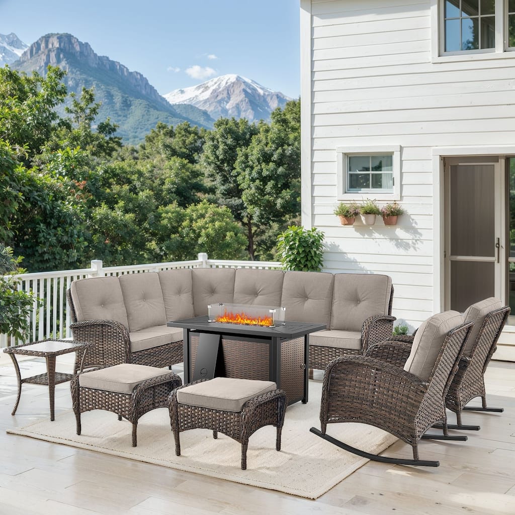Fire Pit Table with Sectional Sofa Rocker Chairs Ottomans -Beige - Brown