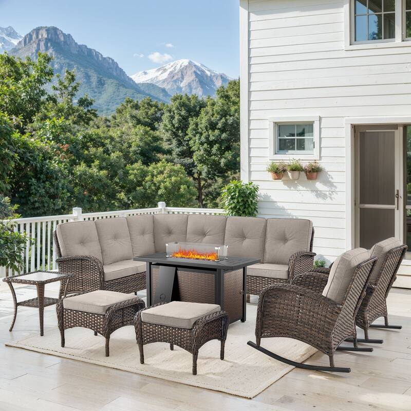 Fire Pit Table with Sectional Sofa Rocker Chairs Ottomans - Brown - Beige