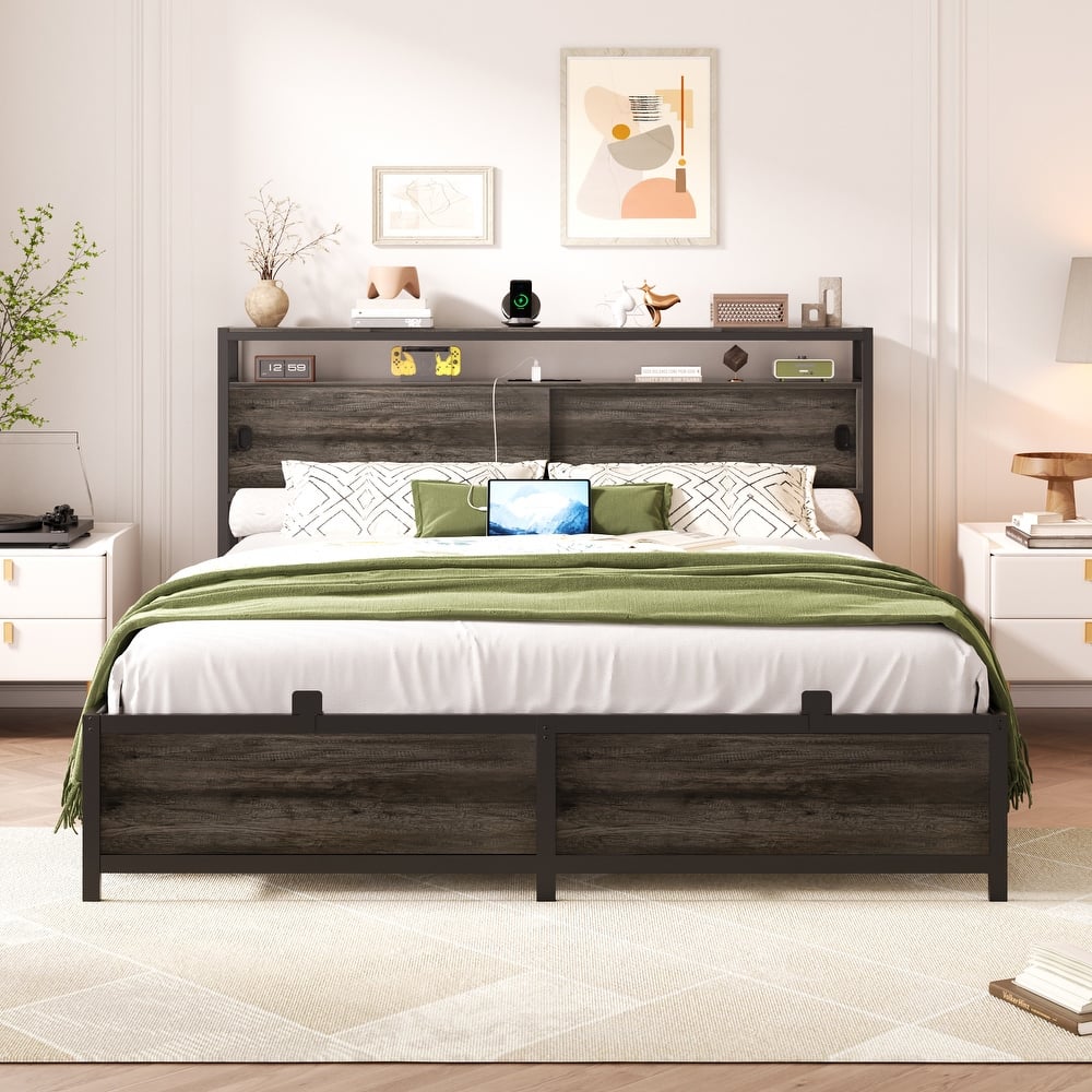 Platform Bed Frame with Sliding Doors Storage Headboard, Beds with Charging Station and LED Light