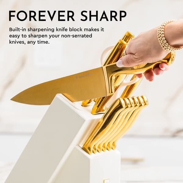 White and Gold Knife Set with Sharpener 14PC Self Sharpening Knife
