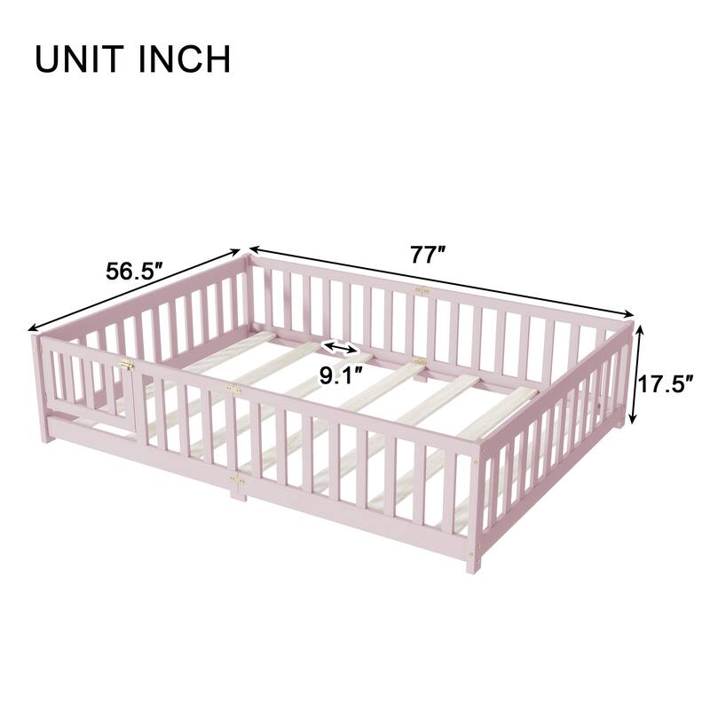 Pink Rubber Wood Full Size Floor Bed with Safety Fence and Door for Kids