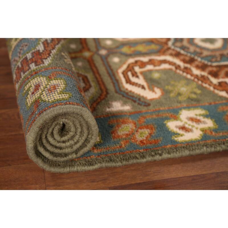 Green Geometric Kazak Runner Rug Hand-Knotted Traditional Wool Carpet - 2'8"x 9'8"