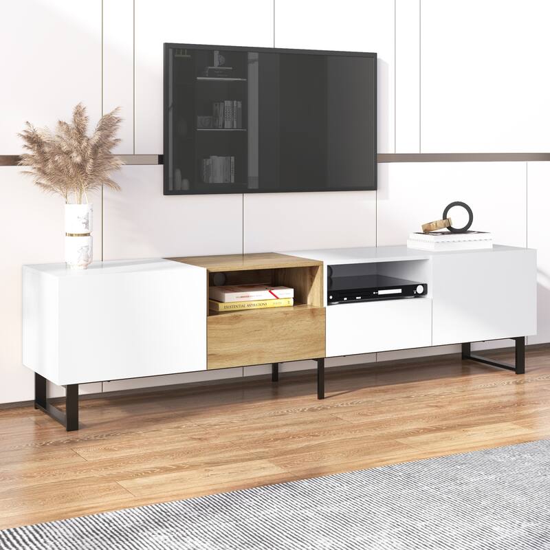 Floor TV Stand with 2 Cabinets, Media Console Table for TVs up to 85", Rectangle Entertainment Center with Drop Down Door