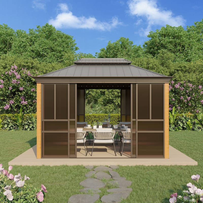 Outdoor Solarium Sunroom,Patio Hardtop Gazebo,All-Season Aluminum Patio Gazebo with with Sliding Doors and Screens