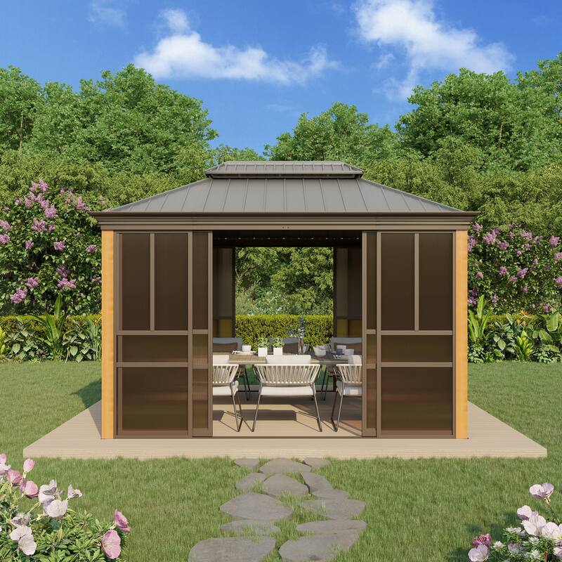 Outdoor Hardtop Sunroom Gazebo with Double Roof & Sliding Doors, All-Season Aluminum Outdoor Pergola, PE Screens&Lockable Design