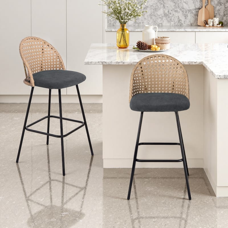 2 Set Rattan 27" Upholstered Chenille Full Back Counter Stool - Black