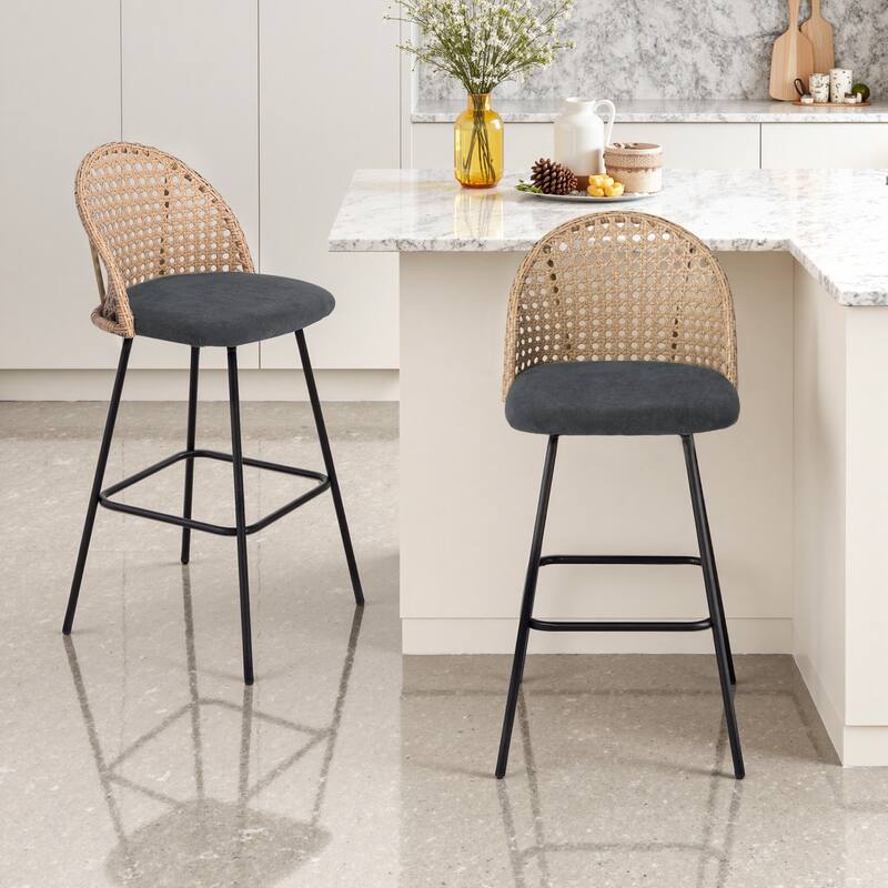 28"/29" Set of 2 Rattan Counter Height Swivel Bar Stools Chenille Cushion - Black-29.5" - Set of 2