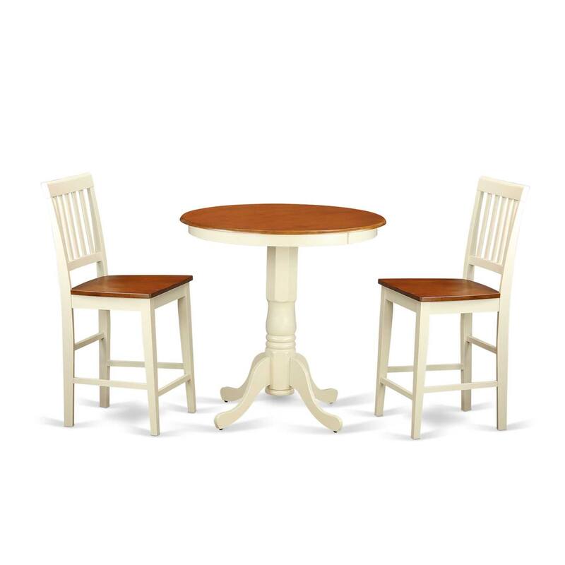 Counter Height Dining Set - 3 Piece Table & Chair Set - Antique Style Wood Table & Kitchen Chairs - 30 Inch Round