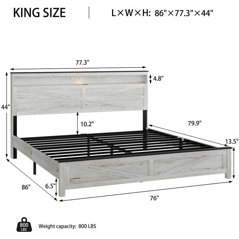 Full/ Queen/ King Size Farmhouse Style Wood Bed Frame w/ LED Light, Platform Bed w/ Storage Headboard and USB Ports