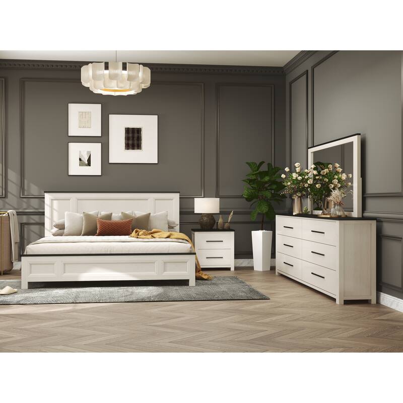 Roundhill Furniture Realynn 4-Piece Wood Bedroom Set, Panel Bed with Dresser, Mirror, and Nightstand, Off-White Finish