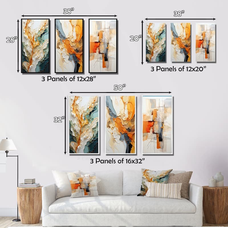 Designart "Orange White Line Art Organic Abstraction" Abstract Framed Wall Art Set Of 3 For Living Room Decor