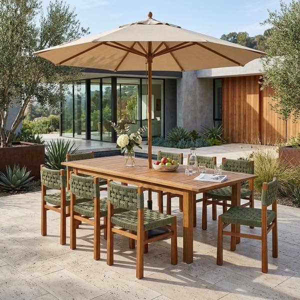 9pc teak patio table dining sets with umbrella furniture Anderson Sahara Side Chair 9-Pieces Oval Dining Set-76 Crafted from solid 100% acacia wood Christopher Knight Home - Boho