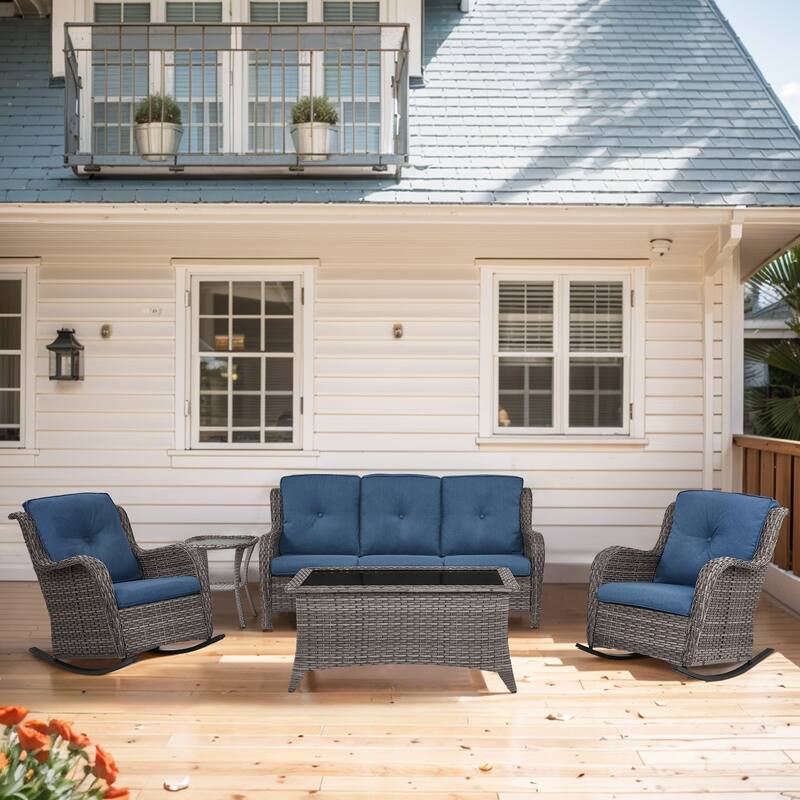 Gymojoy 5-Piece Outdoor Wicker Patio Furniture with 3 Seat Sofa, Rattan Coversation Set with Water Resistant Thick Cushions - Grey Wicker / Blue Cusion - 5-Piece