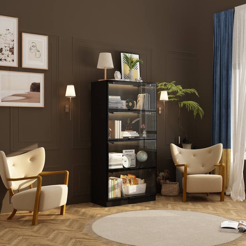 Lighted Display Storage Cabinet with Tempered Glass Doors Showcase