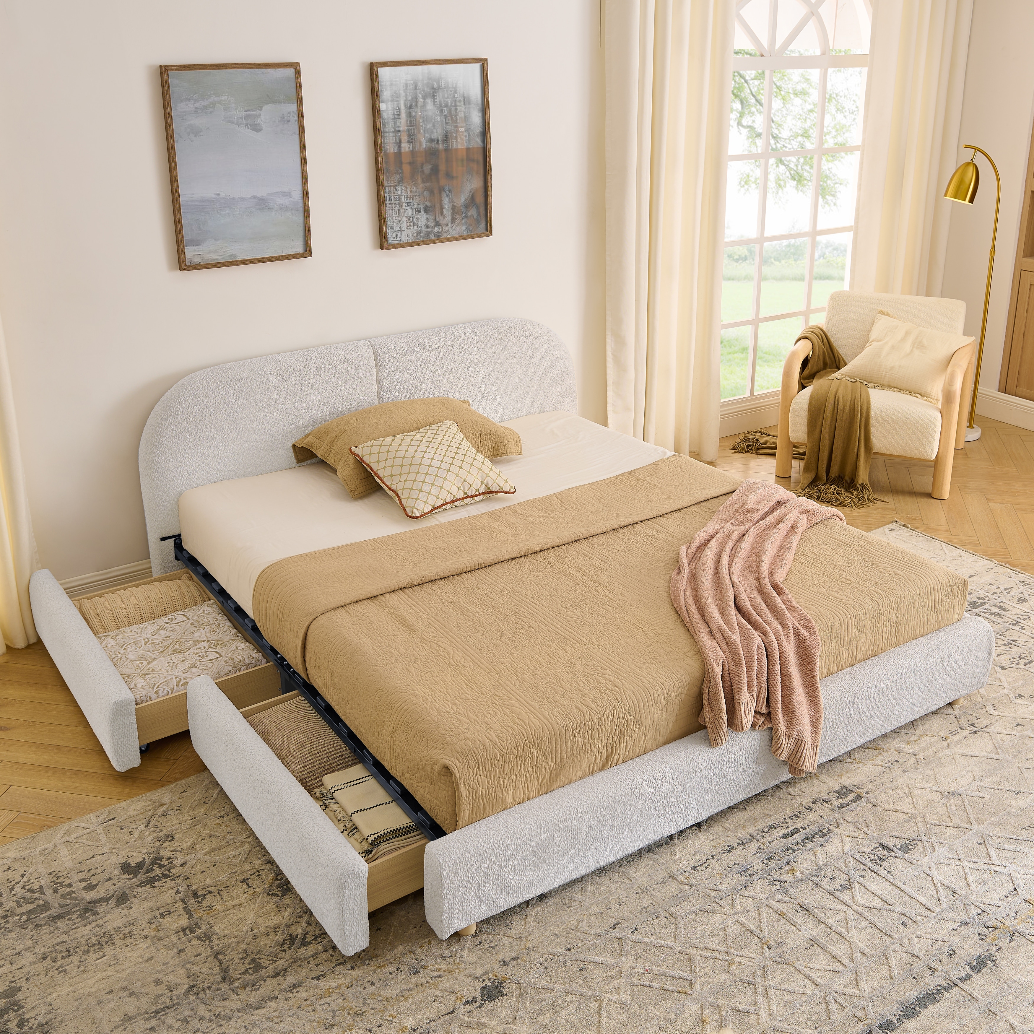 Stylish Curve-shaped Upholstered Platform Bed Frame Modern Minimalist Low Profile Bed with Curved Headboard Optional Storage Bed