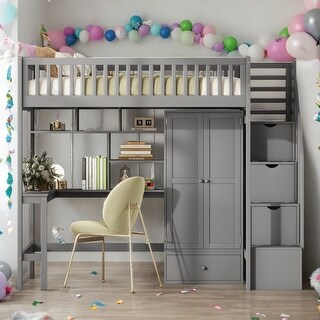 Twin Size Loft Bed with Bookshelf,Drawers,Desk,and Wardrobe,Gray,Elegance Unique Design Wood Loft Bed,Beautiful Kid Bed