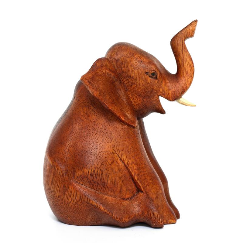 Wooden Hand Carved Sitting Elephant Statue Figurine Sculpture Decorative Home Decor Accent Handmade Handcrafted Decoration Wood