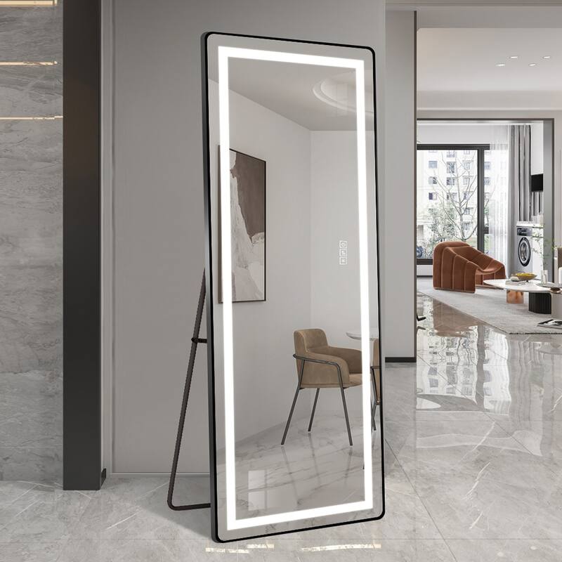 64 inch x 21 inch full-length vertical mirror with LED light, illuminated floor mirror with bracket, - Black