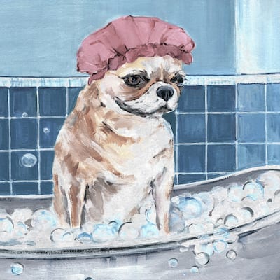 'Dog in Shower Cap' Painting Print on Wrapped Canvas