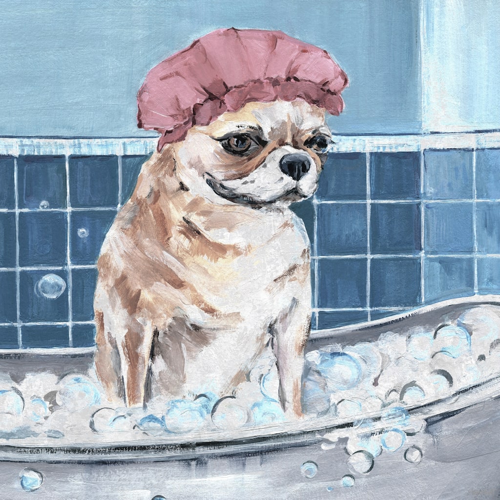 'Dog in Shower Cap' Painting Print on Wrapped Canvas