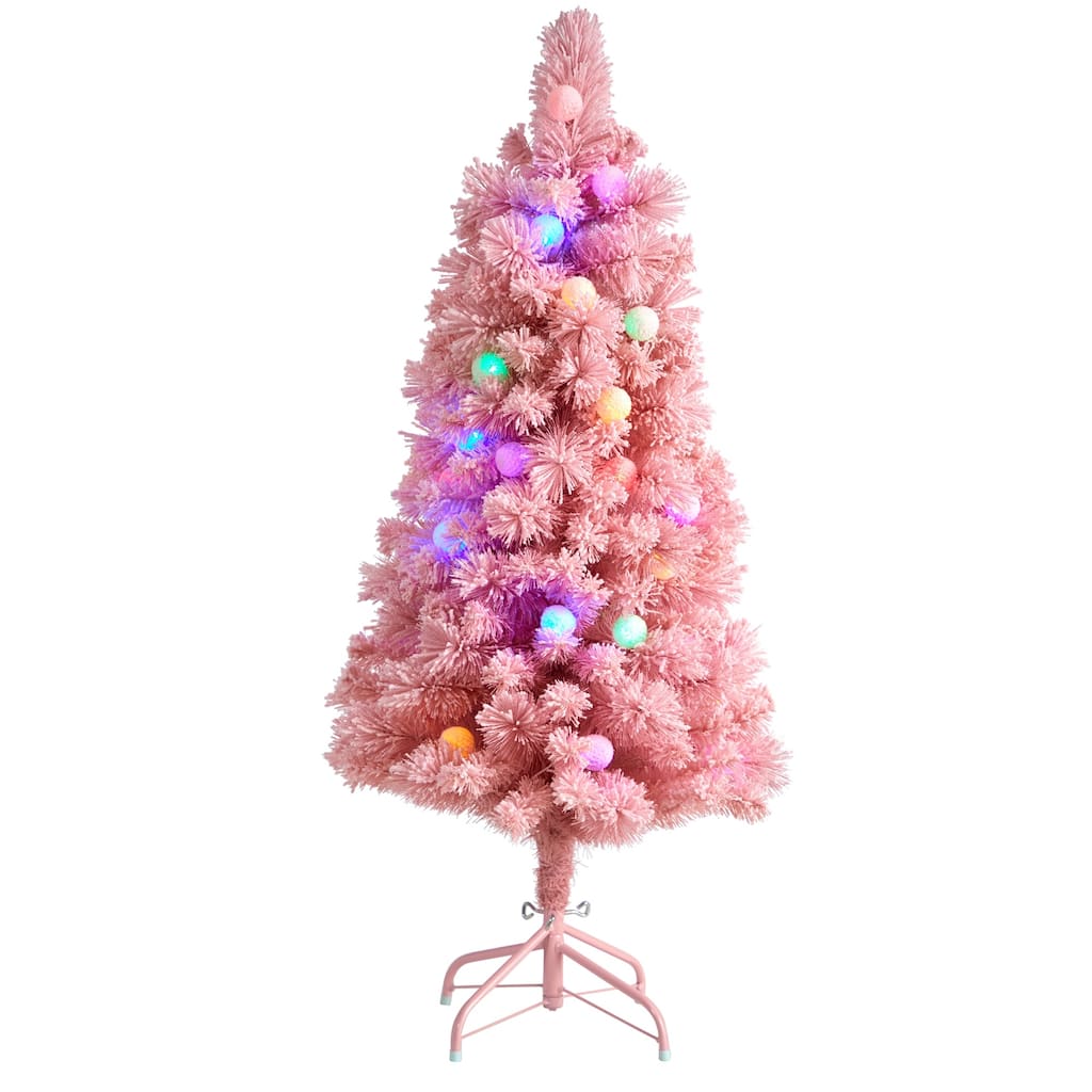 4’ Pre-Lit Pink Flocked Artificial Christmas Tree, Multicolor LED Lights - 4 Foot