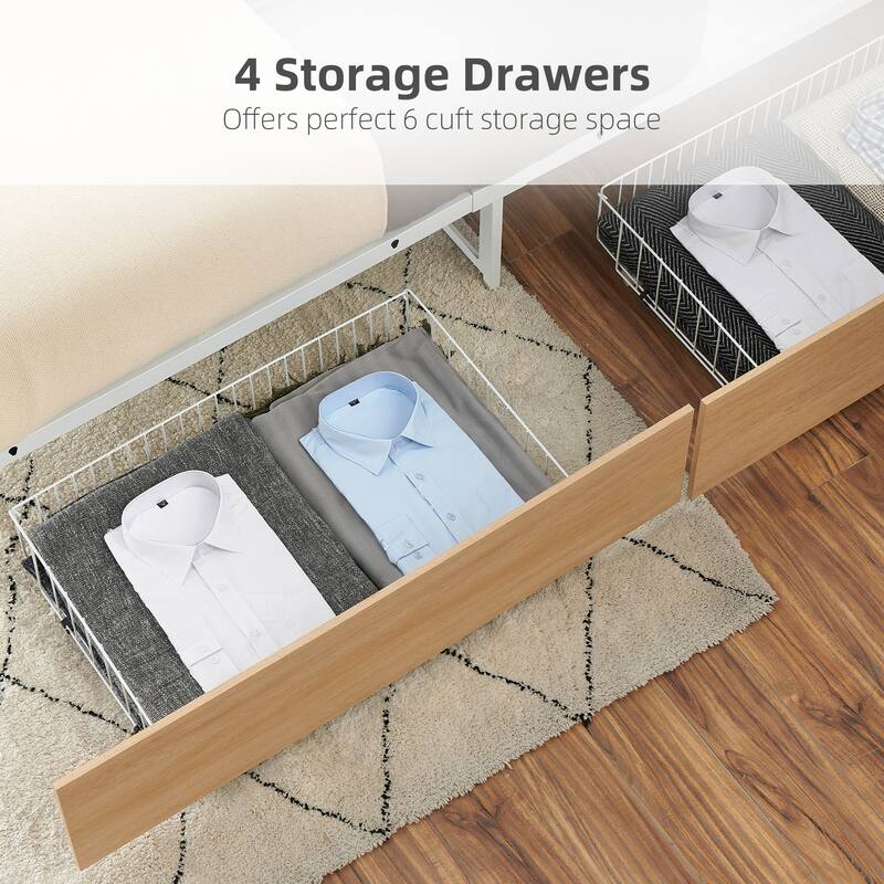 Platform Bed Frame with Headboard, Footboard, 4 Storage Drawers on Wheels