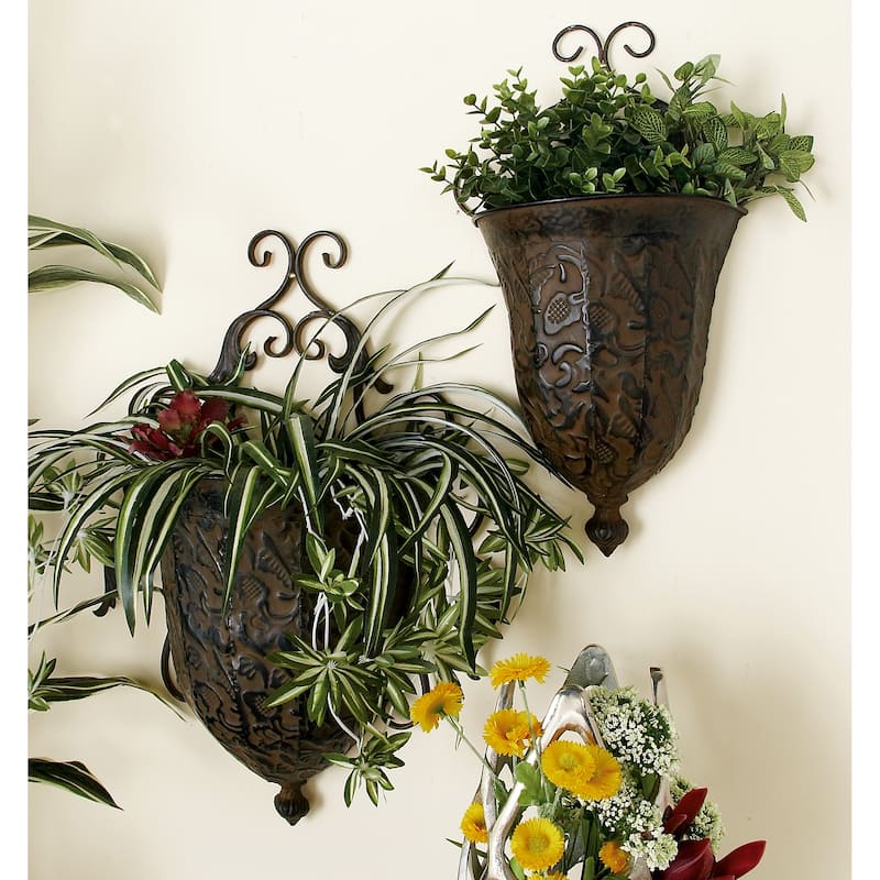 Brown Metal Indoor Outdoor Hanging Vintage Scroll Indoor Outdoor Wall Planter with Vine Accents (Set of 2) - Brown