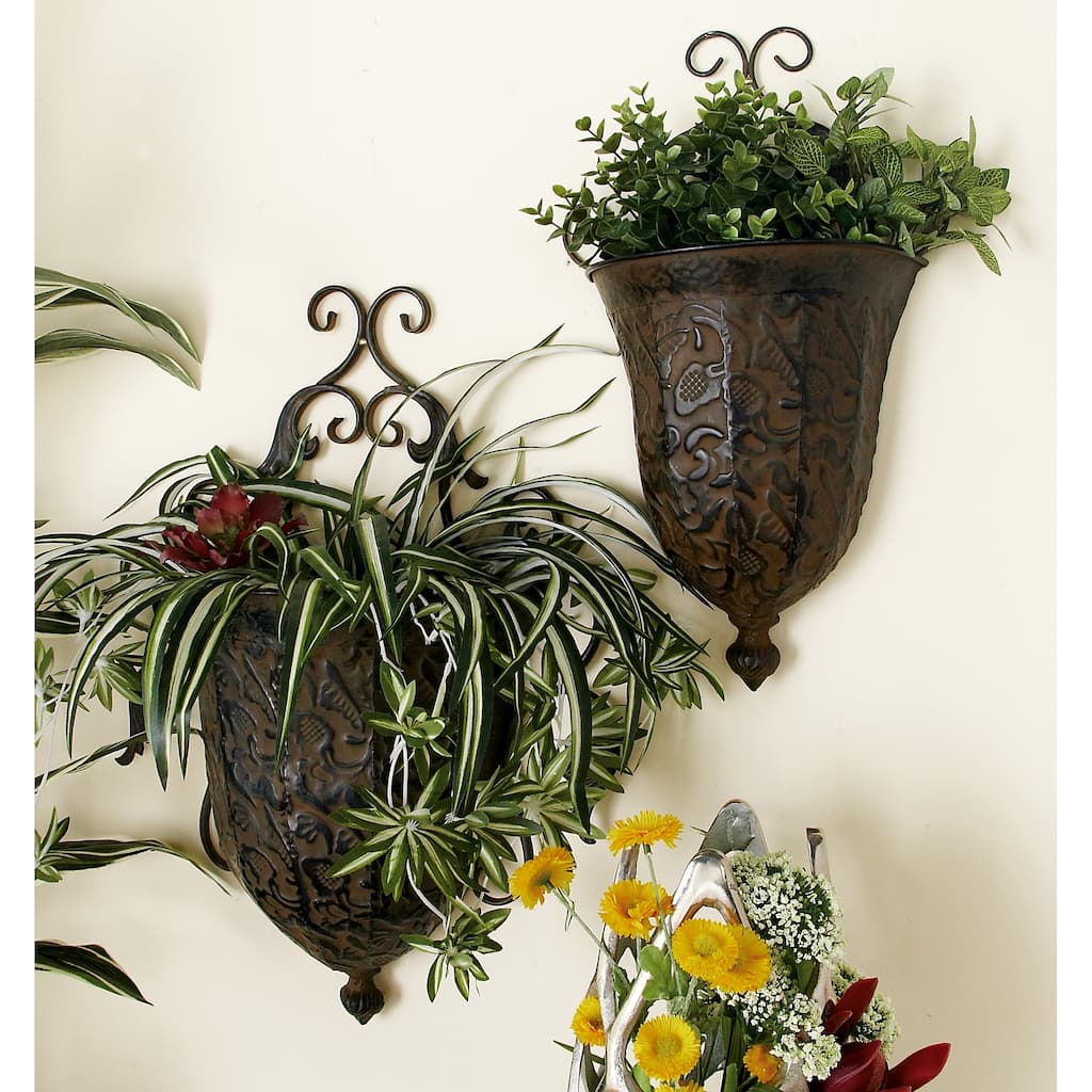 Brown Metal Indoor Outdoor Hanging Vintage Scroll Indoor Outdoor Wall Planter with Vine Accents (Set of 2)