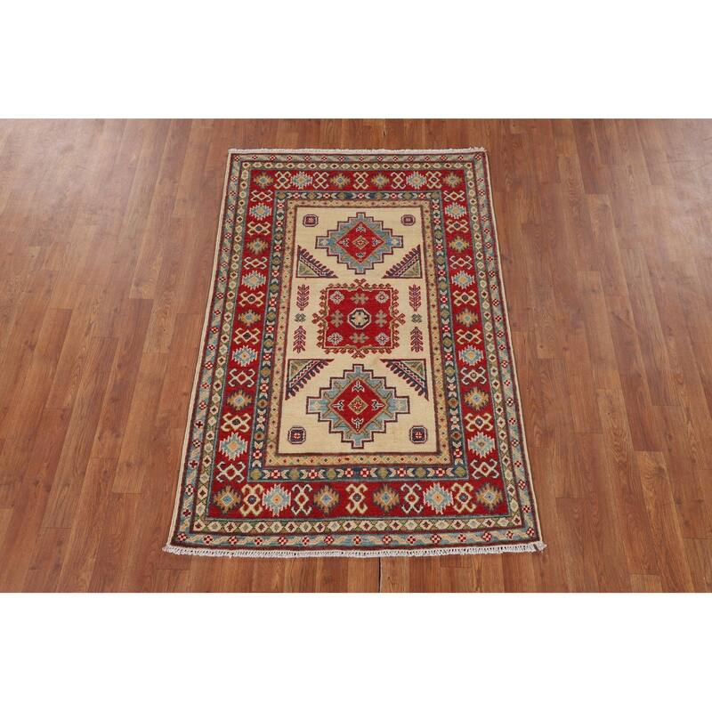 Beige / Ivory Kazak Accent Rug Hand-Knotted Geometric Wool Carpet - 3'11" x 4'11"