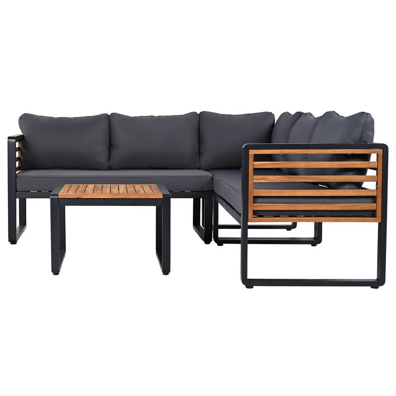 4-Piece L-Shaped Acacia Wood & Iron Patio Sectional Set For 5