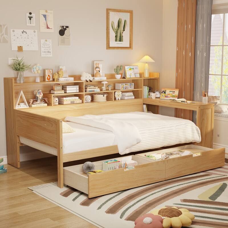 Twin Wooden Daybed with Storage Shelves, Multi-functional Bed with Two Storage Drawers and Study Desk