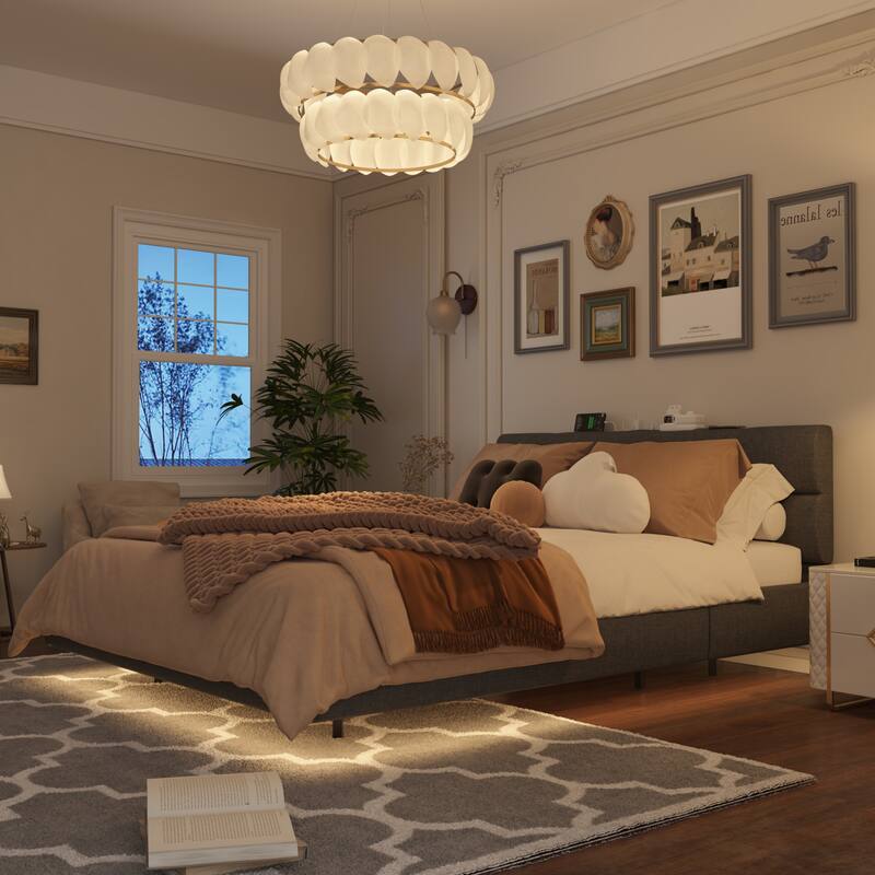 Black Upholstered Bed with LED Lights and Charging Station