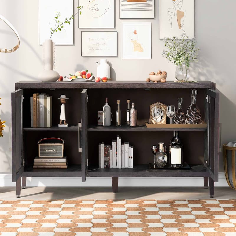 Roomfitters Wood Storage Cabinet with Three Tempered Glass Doors and Adjustable Shelf, Suitable for Living Room