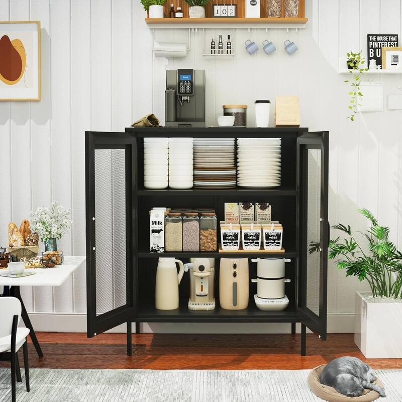 Metal Storage Cabinet with Mesh Doors and Shelves,Multipurpose Storage Rack,3-Tier Office Cabinet,Locker Style Accent Cabinet