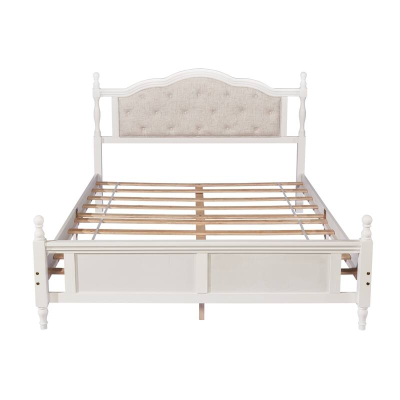 Solid Wood Queen Size Platform Bed Frame with Upholstered Headboard