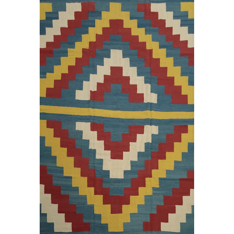 Hand Woven Oriental 100% Wool Carpet Southwestern Modern Navy Blue & Blues Kilim Area Rug - 11' 10'' X 8' 11''
