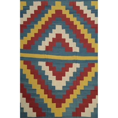 Hand Woven Oriental 100% Wool Carpet Southwestern Modern Navy Blue & Blues Kilim Area Rug - 11' 10'' X 8' 11''