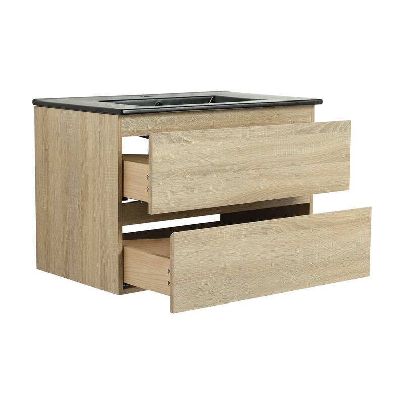 Modern 24" Floating Bathroom Vanity with Black Ceramic Basin, Soft-Close Drawers, Water-Resistant Melamine Surface